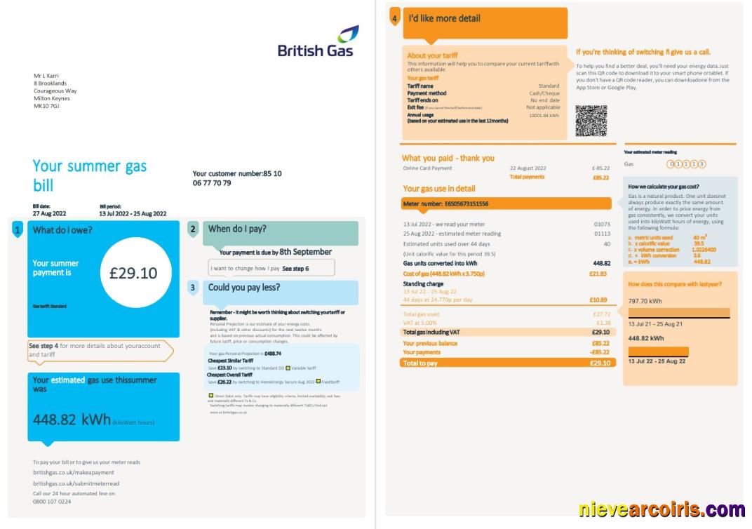 United Kingdom British Gas utility bill, 4 pages 1 2
